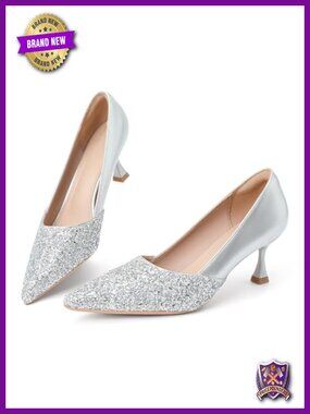 Kitten High Heels 2 Inch Sequin Pointed Toe Leather Pumps Comfortable Slip On